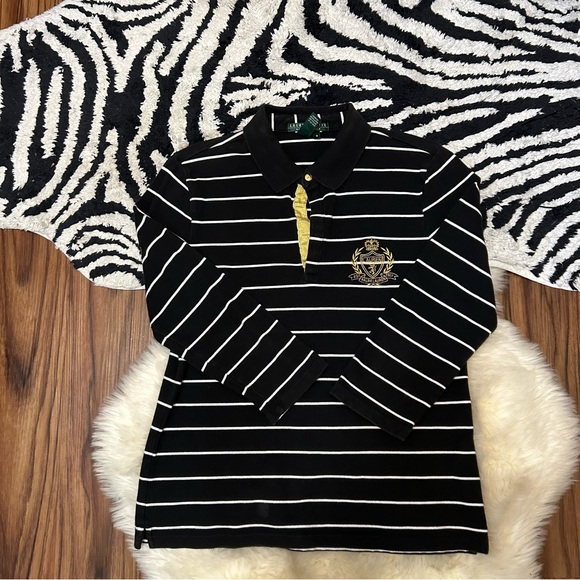 Ralph Lauren Lauren Active Polo Shirt Black and White Trimmed in Gold Size M - Picture 1 of 8